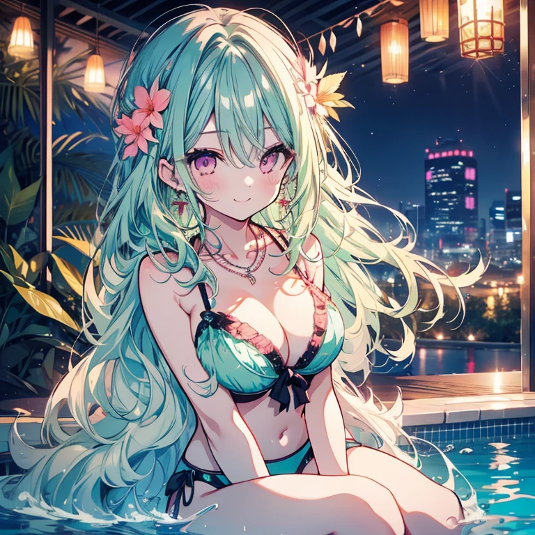 1 person、Mature、Ample breasts、Long Hair、Long eyelashes、Mint green hair、Curly Hair、Earrings、Pink Eyes、Night Pool、bikini、necklace、Night view、smile、cute、Having a cocktail、Flower Hair Ornaments、Sit on a swim ring、High resolution、Highest quality