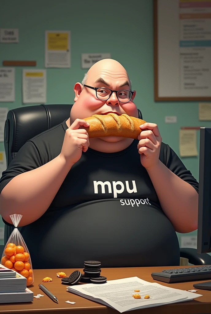 white male, 40 year old, baldie, completely smooth face, no fur, bochechas grandes, Scrawny, but very pot-bellied, wearing light glasses and eating baguette with lots of ham. Sitting behind a somewhat cluttered desk with a computer, stacks of papers, crumbs and lots of Oreo cookies. Wearing a black shirt with the following phrase: MPU Support. a bag of tangerines on the table.