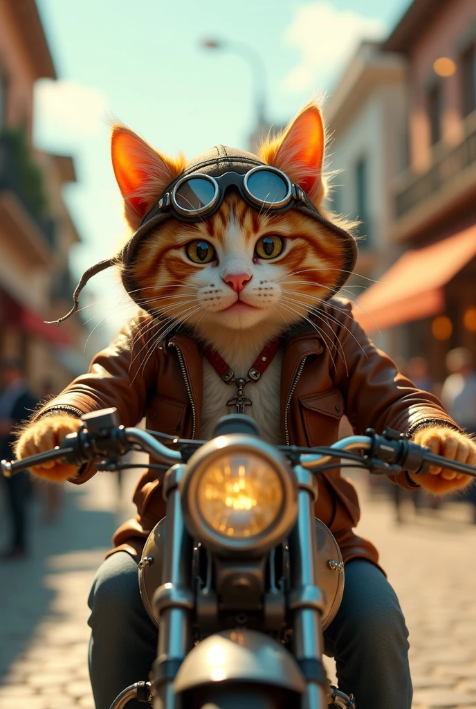 [Leonardo AI]
Type: Ultrarealistic
Subject: A charismatic and adventurous cat riding a vintage motorcycle through a lively urban street. The cat is dressed in a rugged leather aviator jacket, complete with a pilot's hat and classic aviator goggles resting on its forehead. The cat's expression is one of excitement and thrill, with its mouth open wide in a joyful meow, as it speeds down the street. The fur is fluffy and slightly windswept, adding to the dynamic feel of the image.
Environment: A bustling city street lined with old-fashioned buildings and blurred figures of pedestrians in the background, conveying a sense of movement and energy. The street is paved with cobblestones, adding a touch of vintage charm to the scene.
Art Style: Photorealistic with a focus on capturing the details in the cat’s fur, the texture of the leather jacket, and the metallic shine of the motorcycle.
Lighting: Warm, natural daylight that enhances the colors of the scene, with soft shadows to create depth and realism.
Camera: Front-facing close-up shot, centered on the cat as it rides the motorcycle, capturing the intense emotion and thrill in the moment.
Resolution: 4K, ultra-high-definition, focusing on the fine details of the cat’s expression, the outfit, and the street environment.

{Ultrarealistic, adventurous cat on motorcycle, vintage urban setting, photorealistic, warm natural lighting, high-definition, close-up shot}
