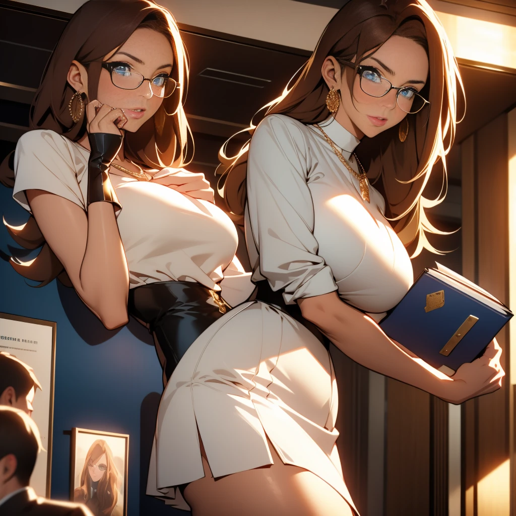 Realistic, real skin texture, 20-year-old woman, brown hair and blue eyes, plump and heavy breasts, slim waist, holding a book, plump and elastic hips, seductive, in the elevator, wearing a white skirt and shirt, Glasses, necklace, earrings, blue eyes, high heels, surrounded by male high school students staring at this woman
Waiting to begin