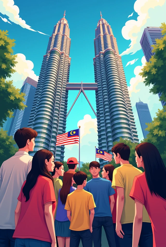 Poster, Anime style, Malaysia independence day, shows unity of people in different races, klcc, Malaysian flag, " 67 Tahun Kemerdekaan" .