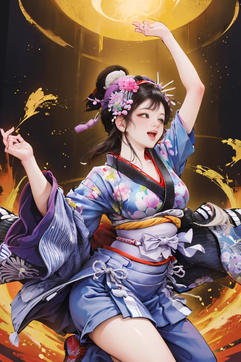 (Japan Bon Odori,最高masterpiece,Highest quality), Hot August,Bright vibrant anime art,People of all ages and genders dance and dance, Dancing in yukata,Laughing and dancing, Showing white teeth,Men and women dance in a circle, masterpiece,Highest quality,High resolution,