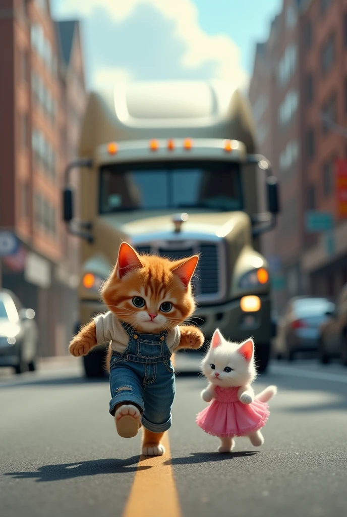 A small brown boy cat in blue jeans wanted to save a small white girl cat in pink frock from the big truck on the road he push her other side the truck