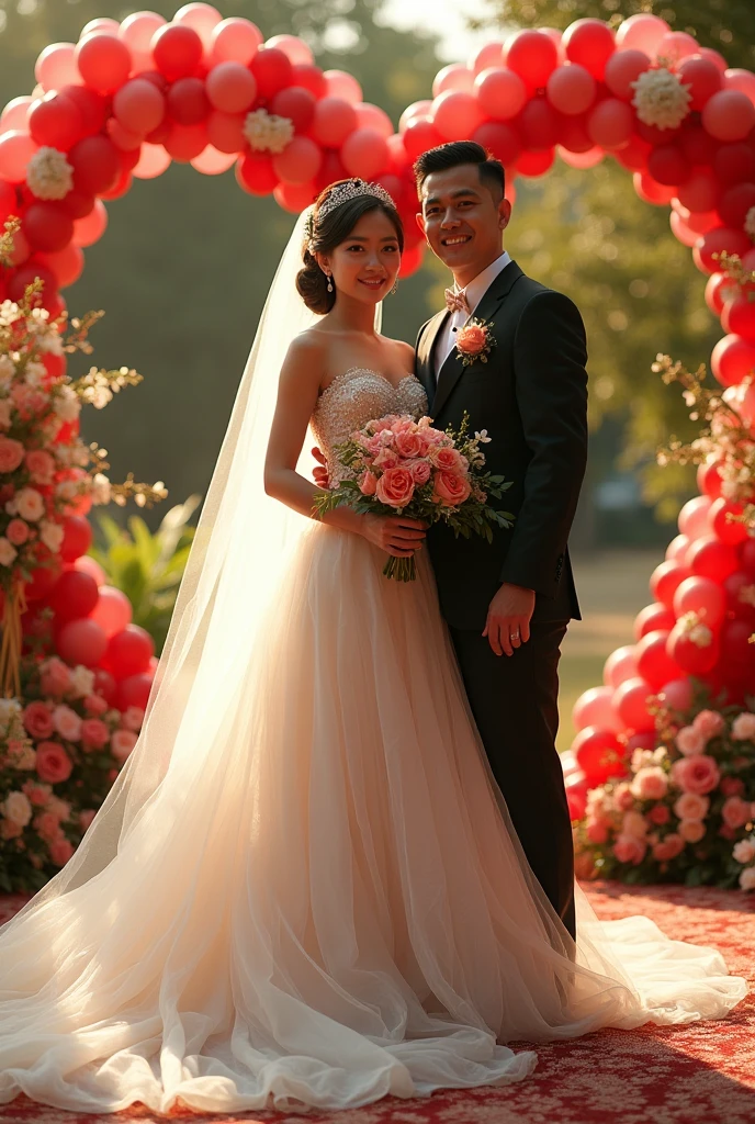 Real pinoy pinay wedding couple with attire gown with baloons flowers shape Heart flowers  from of camera  looking 