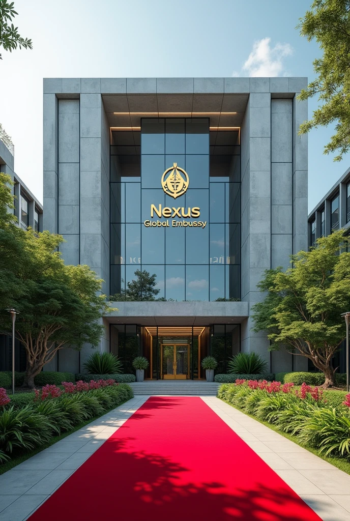 An image of a Corporate embassy  put the words Nexus Global Embassy I want it to have the words Nexus Global  Embassy on a concrete.The building has its own compound that is extremely developed with grass, trees and flowers Singaporean architecture expose the words Nexus Embassy with red carpets covering the whole entrance 