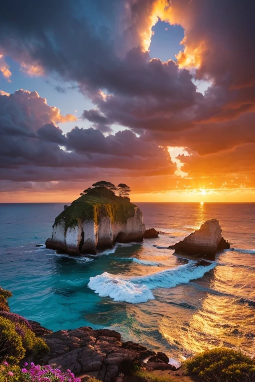 "A surreal and majestic seascape at sunrise or sunset, with a radiant sun casting golden and orange hues over the ocean. The sky is filled with dramatic, swirling clouds in various shades of blue, purple, and white. The coastline is adorned with vibrant, colorful flowers and greenery, with rocky formations leading into the water. The overall atmosphere is dreamy and otherworldly, blending the beauty of nature with a fantasy-like ambiance."