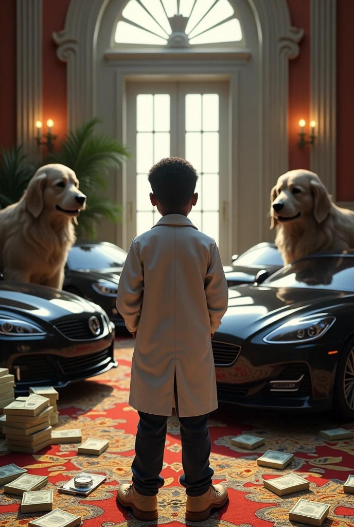 (photorealism:1.2), a Text written "Dr.Israel", with money filled all over the place, many royal black cars, two big royal dogs , a big stethoscope,  a rich background, thanking god, a african boy turned backside wearing doctors coat standing in front, jesus symbol