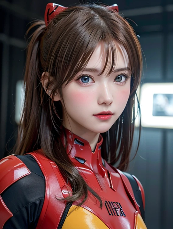 ((Best quality)), ((Masterpiece)), (Details: 1.4), 3D, Asuka Langley Soryu, Asuka, high resolution (high dynamic range), ray tracing, NVIDIA, super resolution, Unreal 5, subsurface scattering ,PBR texturing, post-processing, anisotropic filtering, depth of field, maximum sharpness and sharpness, multi-layered textures, albedo and specular maps, surface shading, accurate simulation of light and matter interaction, perfect proportions ,Octane Rendering,Two-Tone Lighting,Wide Aperture,Low ISO,White Balance,Rule of Thirds,8K RAW,(Masterpiece: 1.4, Best Quality), (Intricate Details), Unity8k Wallpaper, Highly Detailed, Beautiful and Mysterious, Details background, realistic, alone, perfectly detailed face, detailed blue eyes, highly detailed, blush, hair ornament, chignon mahogany hair, (blonde), plug suit 02, Shikinami Asuka Langley, Evangelion, Slender , full body suit, black background, above the waist,composition that shows the whole body,