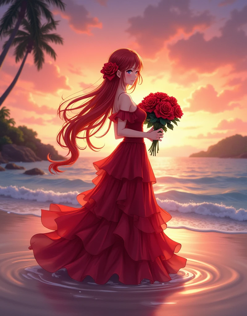 Create a anime style landscape image. Digital illustration featuring a young woman with long, flowing red hair adorned with a red flower. She is wearing an elegant, off-shoulder, layered red dress that cascades down to her feet. The woman is standing in shallow water at the beach during sunset, holding a bouquet of red roses. The sky is painted with warm hues of orange, pink, and purple, reflecting beautifully on the calm ocean waves. In the background, there are silhouettes of palm trees and distant landforms. The overall scene exudes a serene and romantic atmosphere.