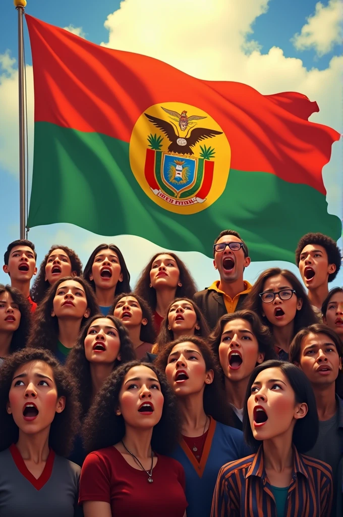 Bolivians in front of the Bolivian flag singing