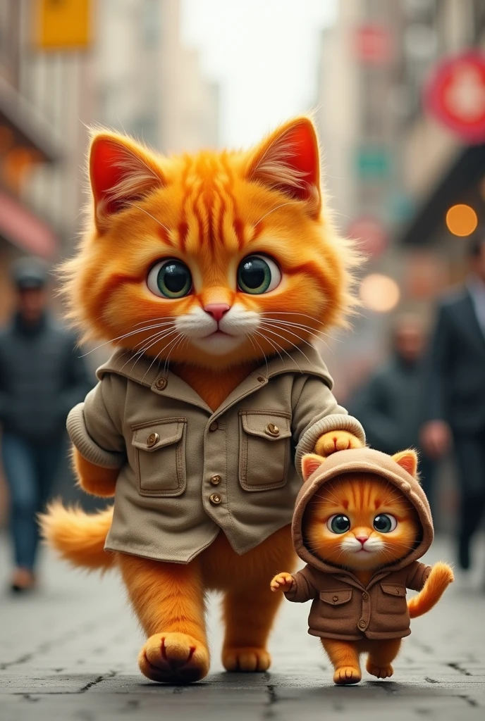 A large, fluffy orange cat wears a tattered, oversized shirt and walks purposefully down a city street. Beside it is a small, similarly colored kitten, dressed in a matching brown hoodie. The background showcases a busy urban setting with blurred pedestrians, creating a lively atmosphere.
