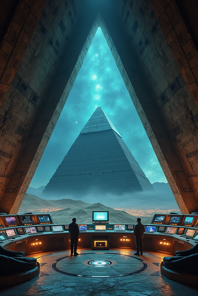 An ancient control room inside the pyramid, with a large window overlooking a constellation of stars not visible from Earth, the room filled with high-tech alien devices.