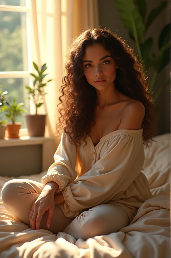 (photorealism:1.2), beautiful woman, sitting on bed, wearing loose off-shoulder top, pajama pants, long curly hair, indoors, soft lighting, plants in background, window with sunlight, cozy room, relaxed pose, realistic, intricate details, warm colors, by Greg Rutkowski, by Alphonse Mucha，leggings 