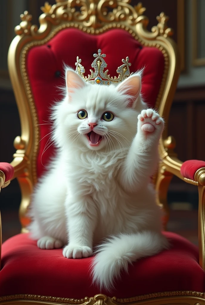 An Angora kitten has taken over the world , and is sitting on the throne of Queen Elizabeth 2 of England and wearing her crown , human beings serving him and he is trying to grab a feather toy that is in the hands of his butler