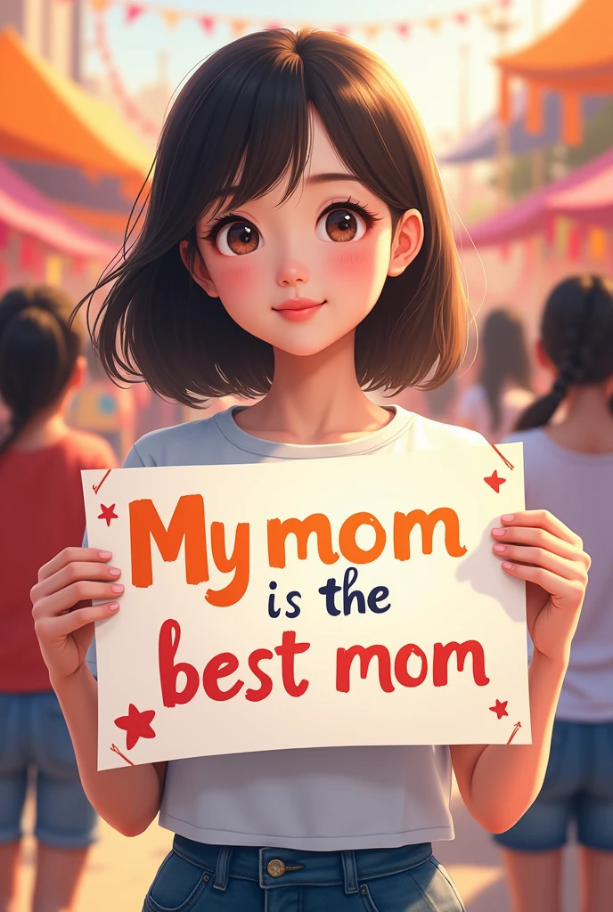 A korean
Teenager girl having a banner written my mom is the best mom and write on the corner that written by zoha