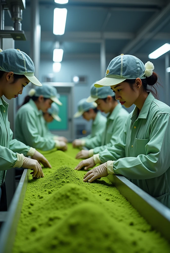 Asian women work at kratom powder green
