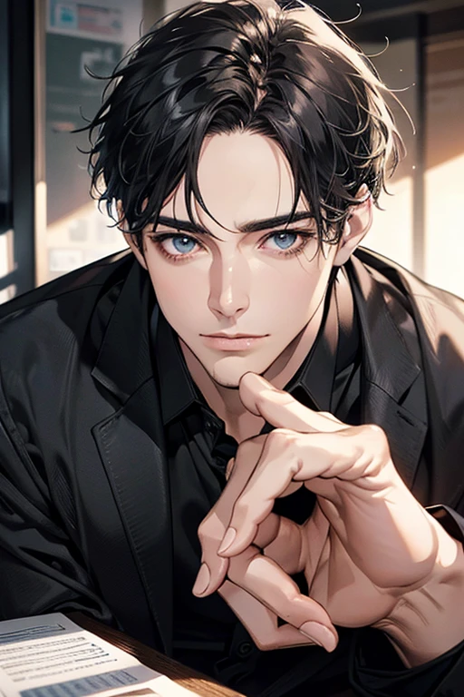(Best Quality,4k,8k,high resolution,Masterpiece:1.2),ultra detailed,(realist,photorealist,photo-realist:1.37),1 man,31 years,mature man,very handsome,without expresion,muscled body,short gray black hair,Blue eyes,glare,perfect face without mistakes,imposing posture,businessman,office background,cinematic lighting,imagen HDR