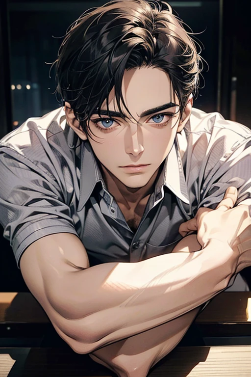 (Best Quality,4k,8k,high resolution,Masterpiece:1.2),ultra detailed,(realist,photorealist,photo-realist:1.37),1 man,31 years,mature man,very handsome,without expresion,muscled body,short gray black hair,Blue eyes,glare,perfect face without mistakes,imposing posture,businessman,office background,cinematic lighting,imagen HDR