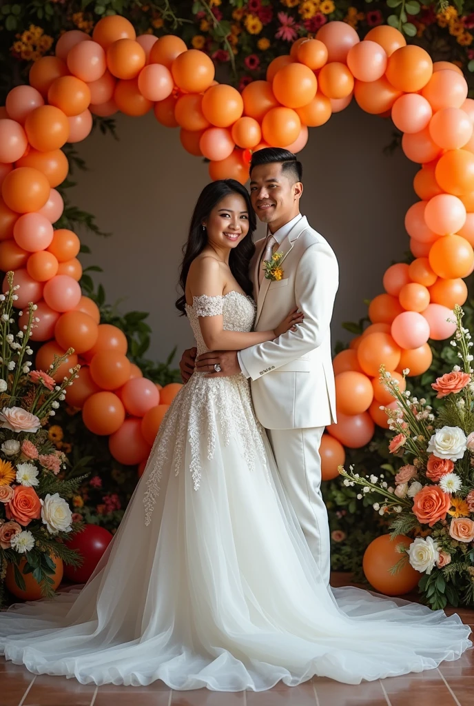 Real pinoy pinay wedding couple with attire gown with baloons flowers shape Heart flowers from of camera looking