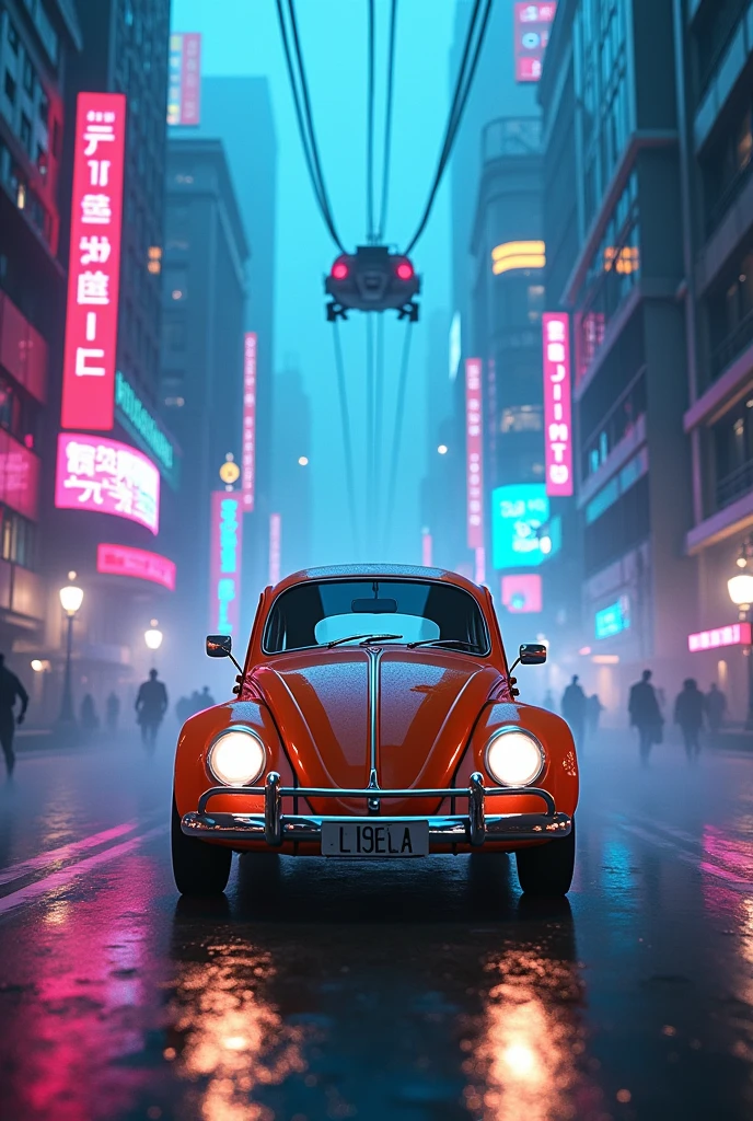 ww beetle in cyberpunk city with blue and pink neon lights and fog