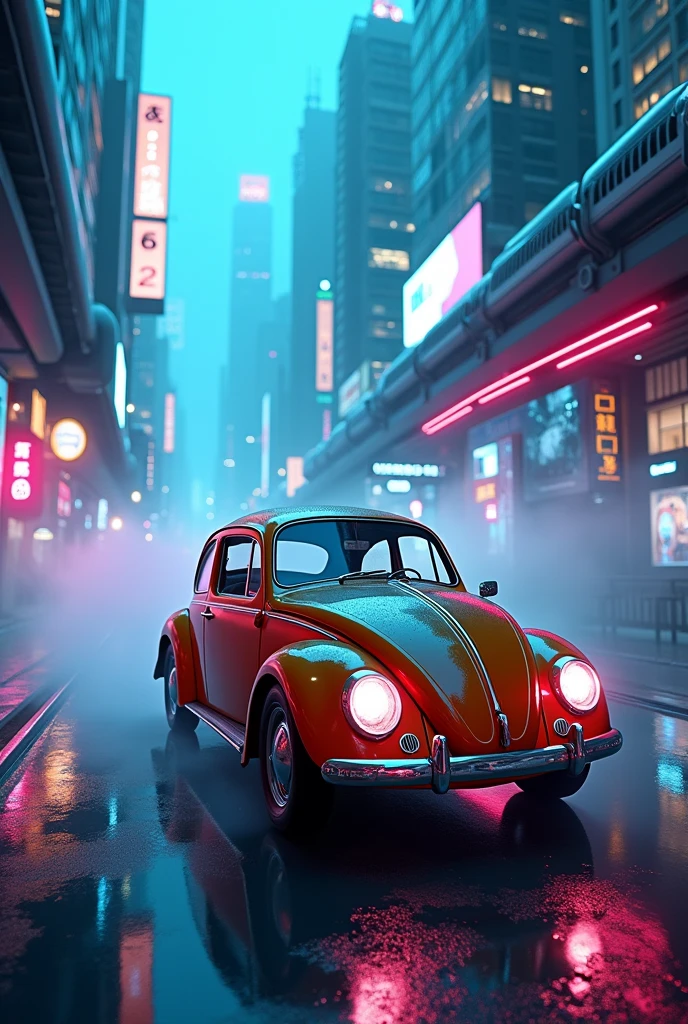 ww beetle in cyberpunk city with blue and pink neon lights and fog