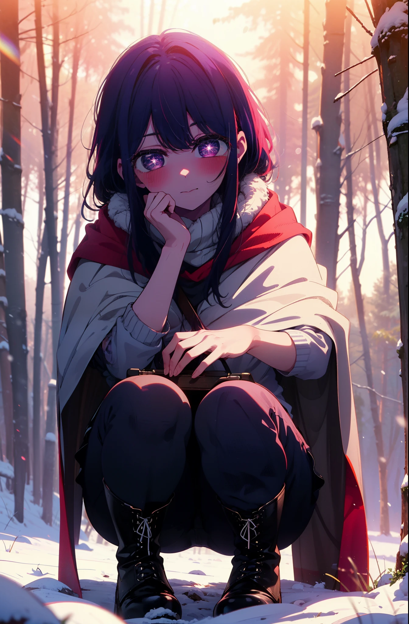 aihoshino, Ai Hoshino, Long Hair, bangs, (Purple eyes:1.1), Purple Hair, (Symbol-shaped pupil:1.5), smile,,smile,blush,white breath,
Open your mouth,snow,Ground bonfire, Outdoor, boots, snowing, From the side, wood, suitcase, Cape, Blurred, , forest, White handbag, nature, Squat, Mouth closed, Cape, winter, Written boundary depth, Black shoes, red Cape break looking at viewer, Upper Body, whole body, break Outdoor, forest, nature, break (masterpiece:1.2), Highest quality, High resolution, unity 8k wallpaper, (shape:0.8), (Beautiful and beautiful eyes:1.6), Highly detailed face, Perfect lighting, Extremely detailed CG, (Perfect hands, Perfect Anatomy),