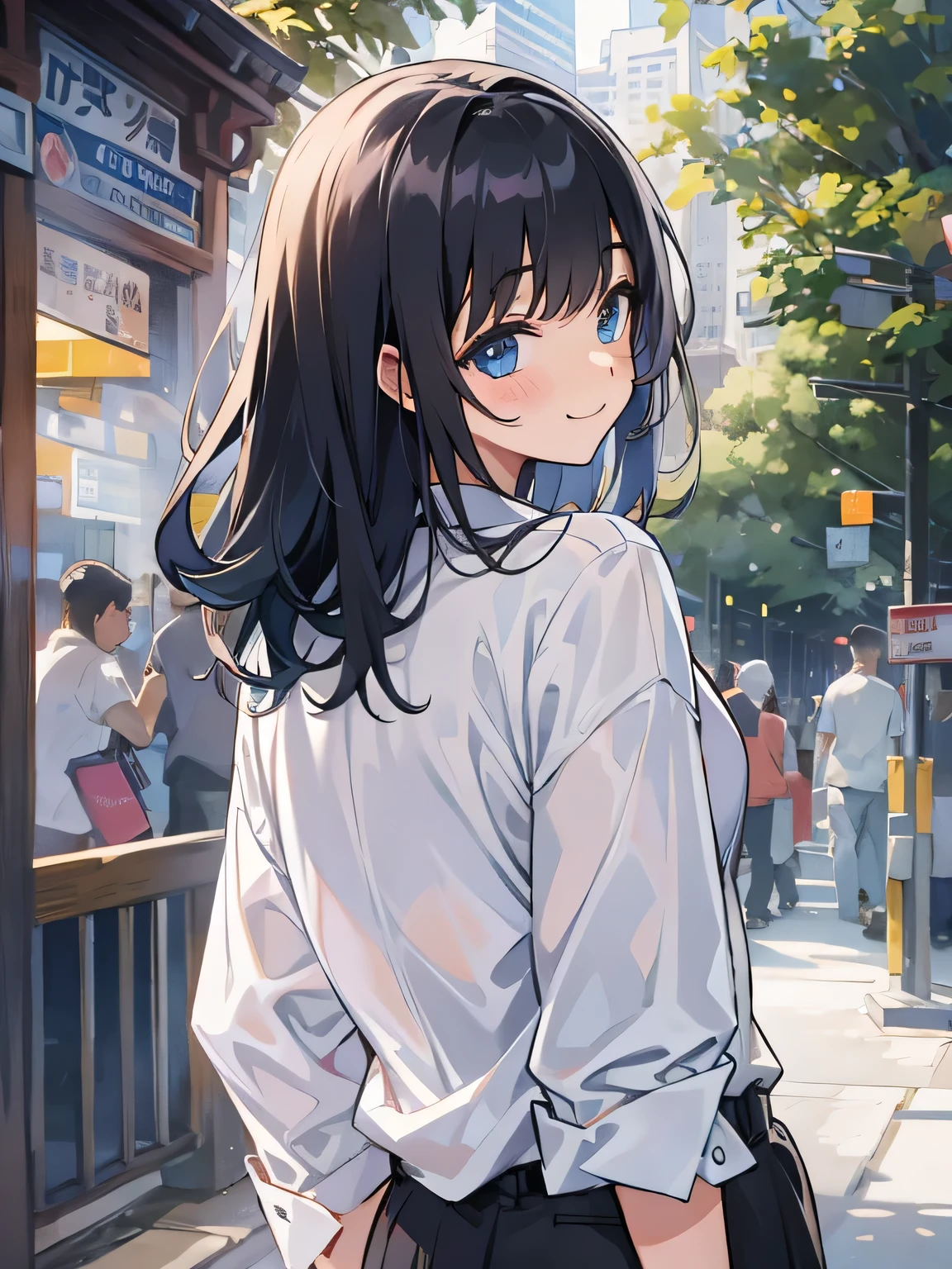 Butt、Black Hair、woman、Long Straight、White Shirt、smile、