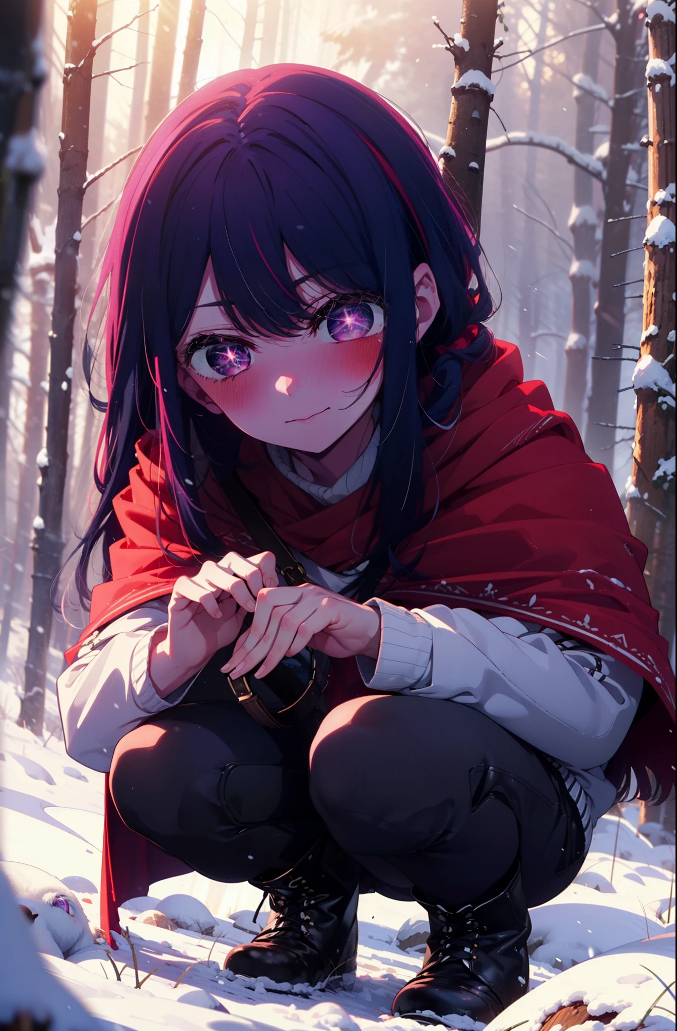 aihoshino, Ai Hoshino, Long Hair, bangs, (Purple eyes:1.1), Purple Hair, (Symbol-shaped pupil:1.5), smile,,smile,blush,white breath,
Open your mouth,snow,Ground bonfire, Outdoor, boots, snowing, From the side, wood, suitcase, Cape, Blurred, , forest, White handbag, nature, Squat, Mouth closed, Cape, winter, Written boundary depth, Black shoes, red Cape break looking at viewer, Upper Body, whole body, break Outdoor, forest, nature, break (masterpiece:1.2), Highest quality, High resolution, unity 8k wallpaper, (shape:0.8), (Beautiful and beautiful eyes:1.6), Highly detailed face, Perfect lighting, Extremely detailed CG, (Perfect hands, Perfect Anatomy),