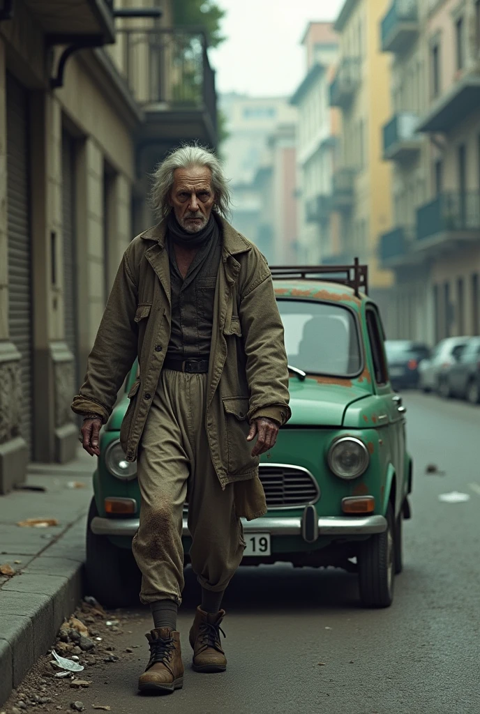  beggar goes hungry on the street and passes by in a fiat UNO
