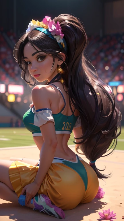jasmim 1girl,  cheerleader outfit, pompons, Football court, standing alone, (whole body), looking ahead at viewer, ssmile, jewerly, sitting down, whole body, flowers, 耳环, Off The Shoulder, make up

(realisitic:1.2), (真实感), (work of art:1.2), (best qualityer), (ultra detaild), (8k, 4K, intrikate),(85mm),light particles, Lighting, (highy detailed:1.2),(face detailed:1.2), (gradients), colorfully,(detailedeyes:1.2)(detailed back ground),detailed landscape, (dynamic angle:1.2), (third party rule_Composition:1.3), (Line of action:1.2)