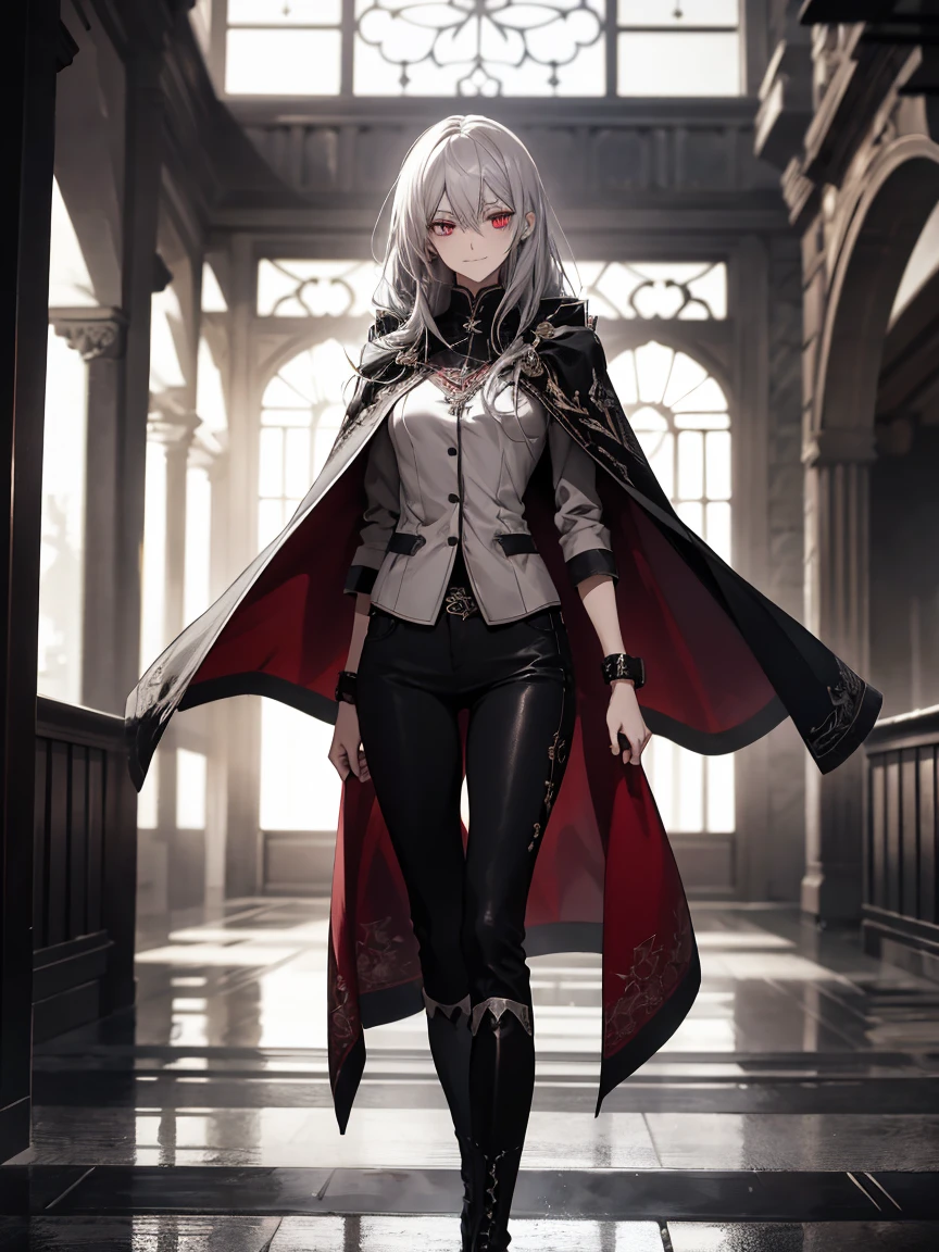 (Confused, High resolution, Very detailed), 1 female, Silver Hair,Long Hair,Knot,Crimson Eyes,Black and white clothes,27th generation,beauty,mature,thin,quiet,Small smile,Cape,Slender and thin,boots,skinny pants,lobby,Small breasts,