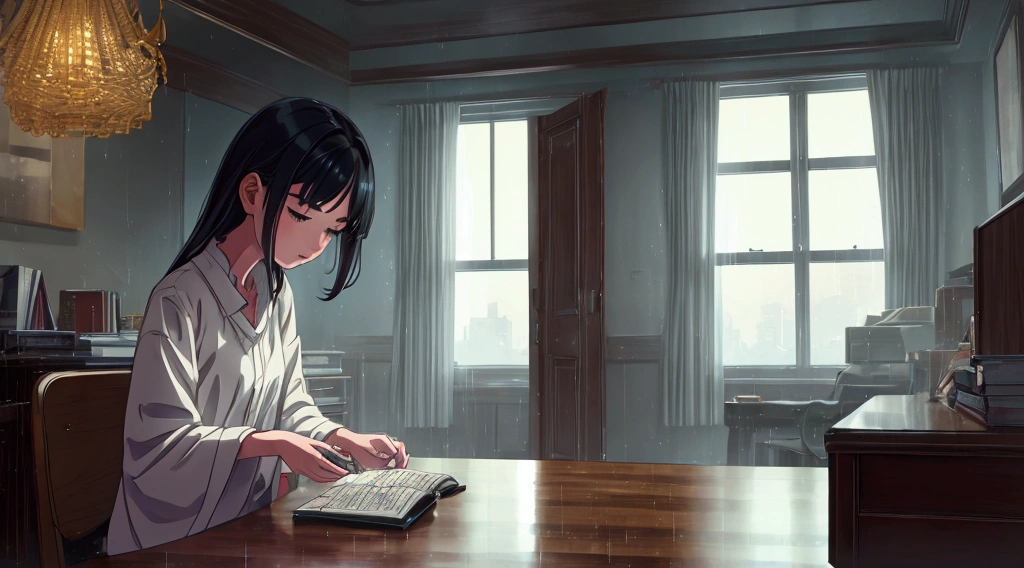A magical scene of a young woman hunched over a study table on a rainy night, raindrops run down the windows, captured by Mokoto Shinkai, Soft color palette that enhances the atmosphere, lofi musician adding a unique sonic layer, atmosphere of serenity and conviviality (best qualityer), (8k resolution), (ultra-highres)
