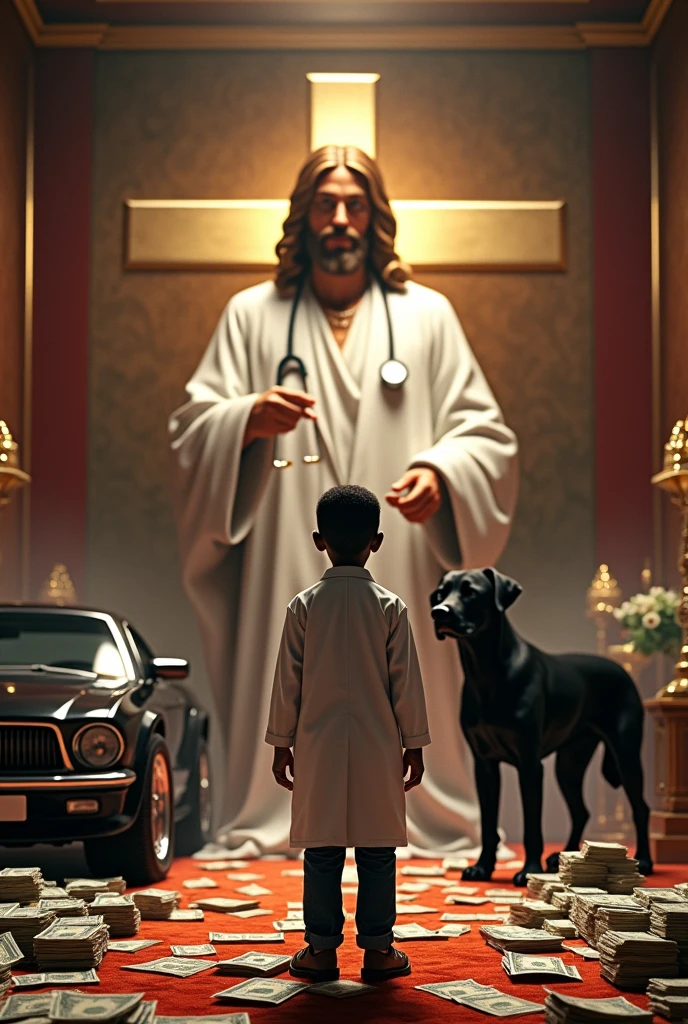 (photorealism:1.2), a Text written "Dr.Israel", with money filled all over the place, many royal black cars, two big black royal dogs , a big stethoscope,  a rich background, thanking god, a african boy turned backside wearing doctors coat standing in front, jesus christ symbol