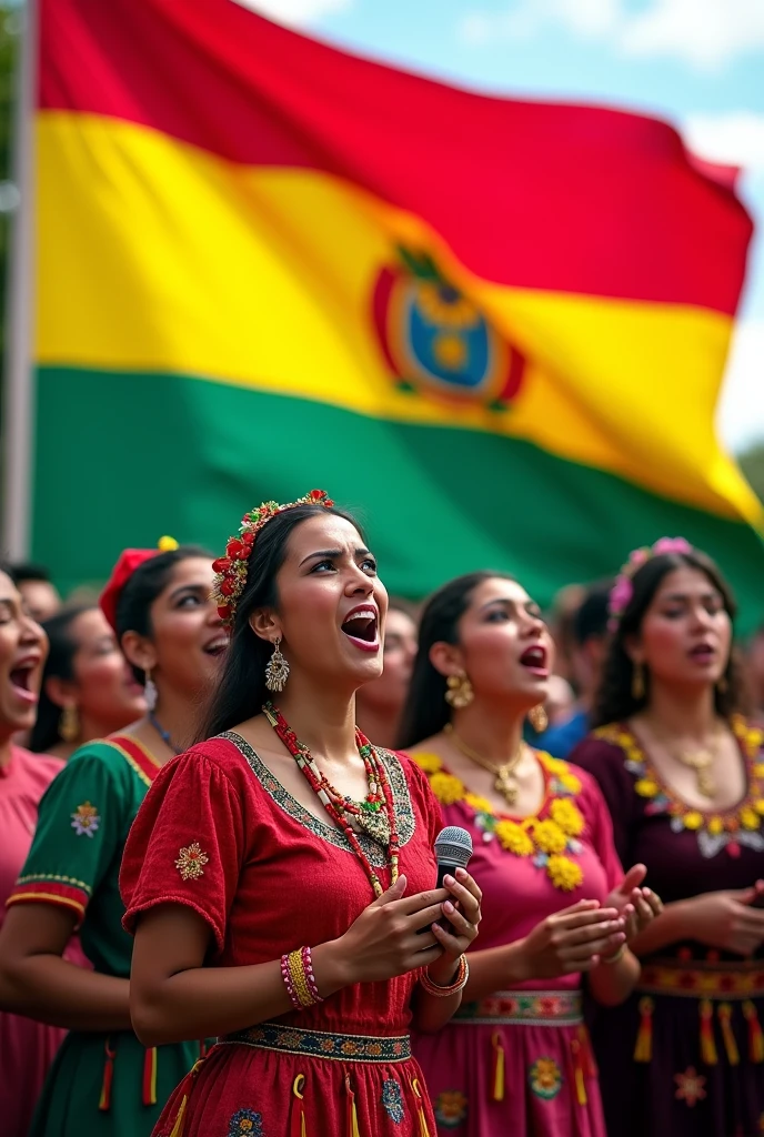 Bolivians singing in front of the red, yellow and green Bolivian flag

