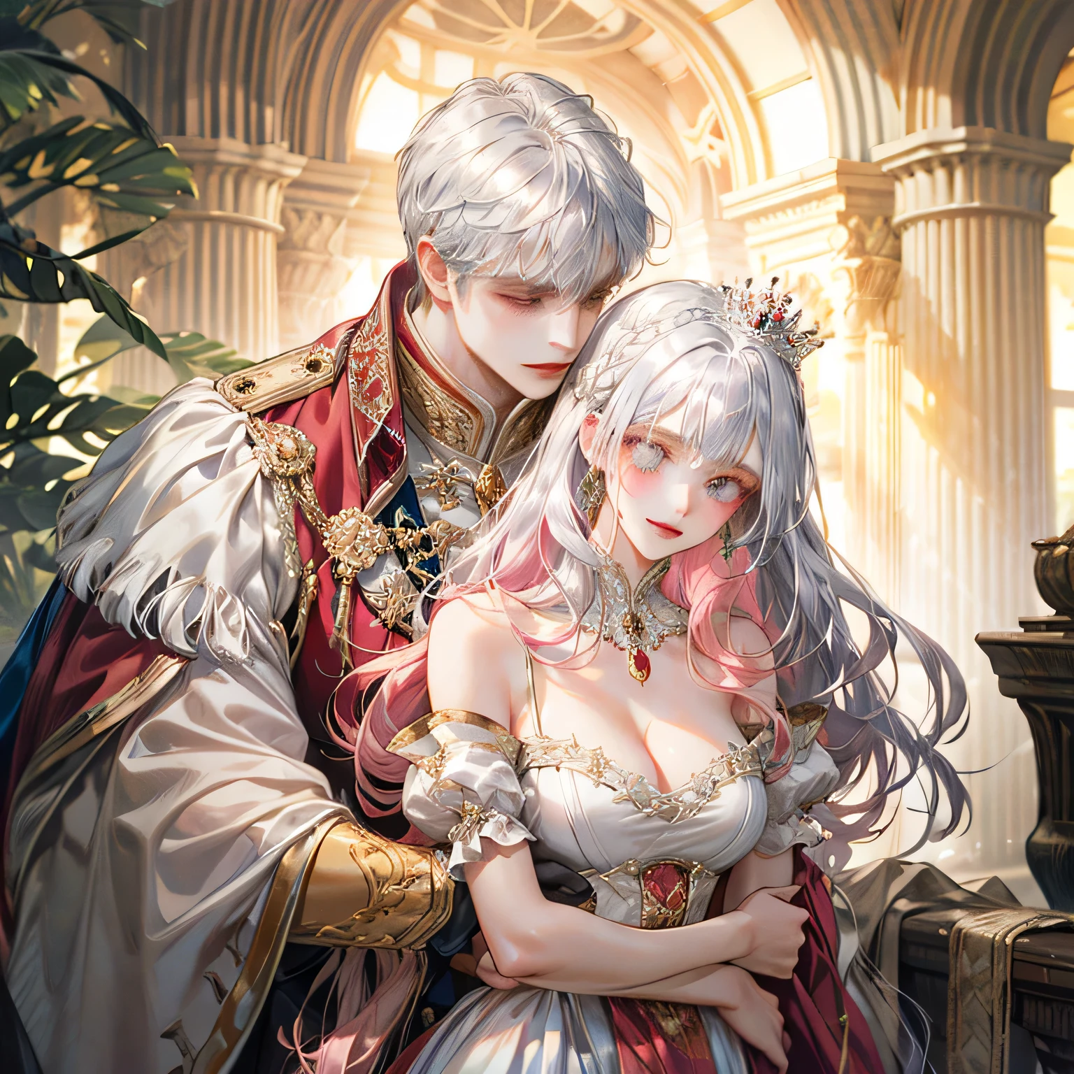 hair ribbon, hair bow, crown, White Dresses, elegant, A princess with long straight hair, pink hair, and big breasts., A tall prince with short silver hair, very handsome, wearing a red royal costume, looking mischievous, hugging from behind.