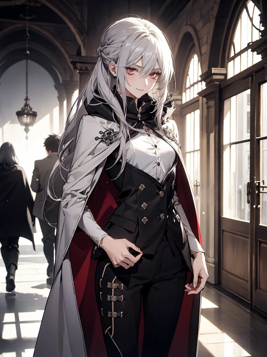 (Confused, High resolution, Very detailed), 1 female, Silver Hair,Long Hair,Knot,Hair tied at the nape,Crimson Eyes,Black and white clothes,27th generation,beauty,mature,thin,quiet,Small smile,Cape,Slender and thin,boots,skinny pants,lobby,Small breasts,
