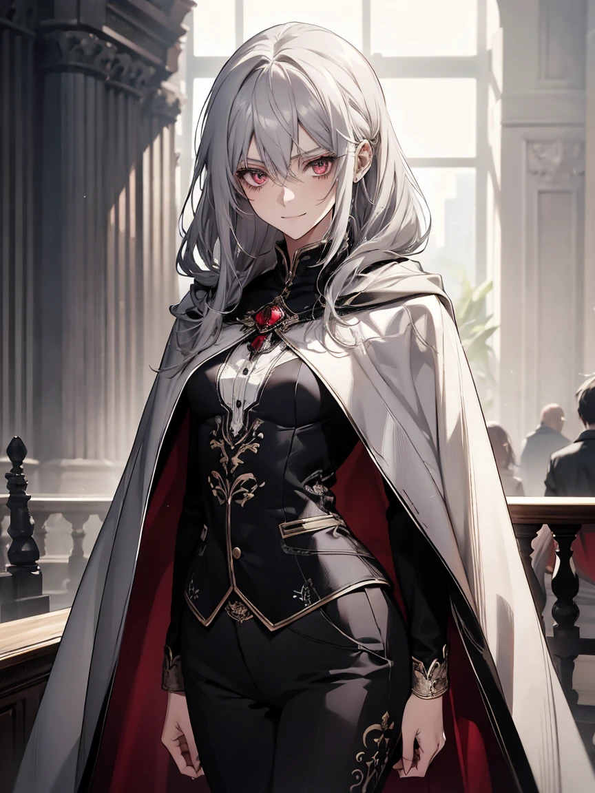 (Confused, High resolution, Very detailed), 1 female, Silver Hair,Long Hair,Knot,Hair tied at the nape,Crimson Eyes,Black and white clothes,27th generation,beauty,mature,thin,quiet,Small smile,Cape,Slender and thin,boots,skinny pants,lobby,Small breasts,