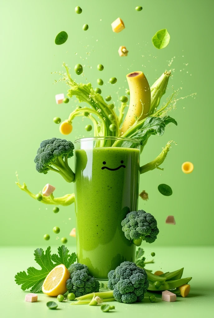 Highest quality, masterpiece, Ultra-high resolution, (Reality: 1.5), Original photo, Green smoothie in a large glass、Image of smoothie ingredients falling down、Broccoli is falling、Falling peas、Cut bananas falling、Kale dances、Komatsuna is dancing、celery is falling、Mr.々Smoothie surrounded by fresh vegetables、Overall bright and colorful atmosphere、Light green background、Studio photo taken on a light green background、Strong sizzle