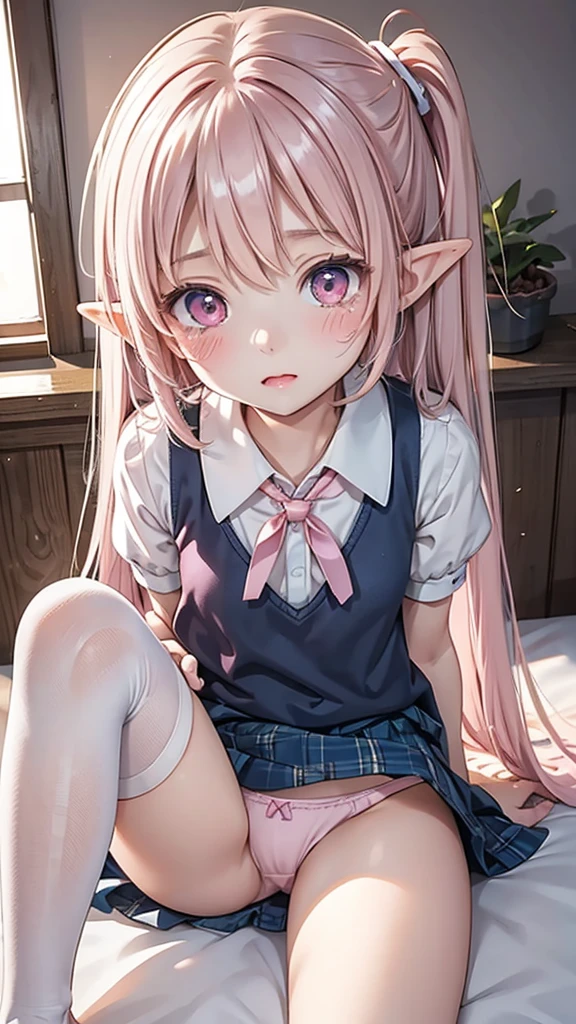 Anime style young female character。((A small fairy 15cm tall、It has delicate, transparent wings on its back.))。(Long pink hair、Big pink eyes。I wear round glasses。)White flower hair ornament。Wearing a pale pink dress、Puff sleeve design and knee length。Big boobs and slim figure。Elf Ears。The character looks a little embarrassed。A fantastic atmosphere with dancing light particles。High quality digital art。Photorealism、Highest quality、Ultra-high resolution、Woman in uniform sitting on bed、Low angle shot:1.5、(M-shaped foot:1.4)、((Showing panties:1.5))、A sexy look for the camera、((pink silk panties))、((Panties close up:1.4))、Tartan Check Pleated Skirt、Over-the-knee socks、detailed、(PurerosFace_v1:0.008)、eyeliner、cheek、Embarrassing、Glare、Glossy lips:1.4、impatience、fear、Glare、Panty Appeal、Panty close-up:1.3、blush、Are crying、cry、Open your knees、Spread your legs、Disheveled clothes、Change of clothes、Bedroom、解剖学的にAccurate human body、Perfect Arms、Perfect hands、Perfect Fingers、Perfect Legs、Accurate human body