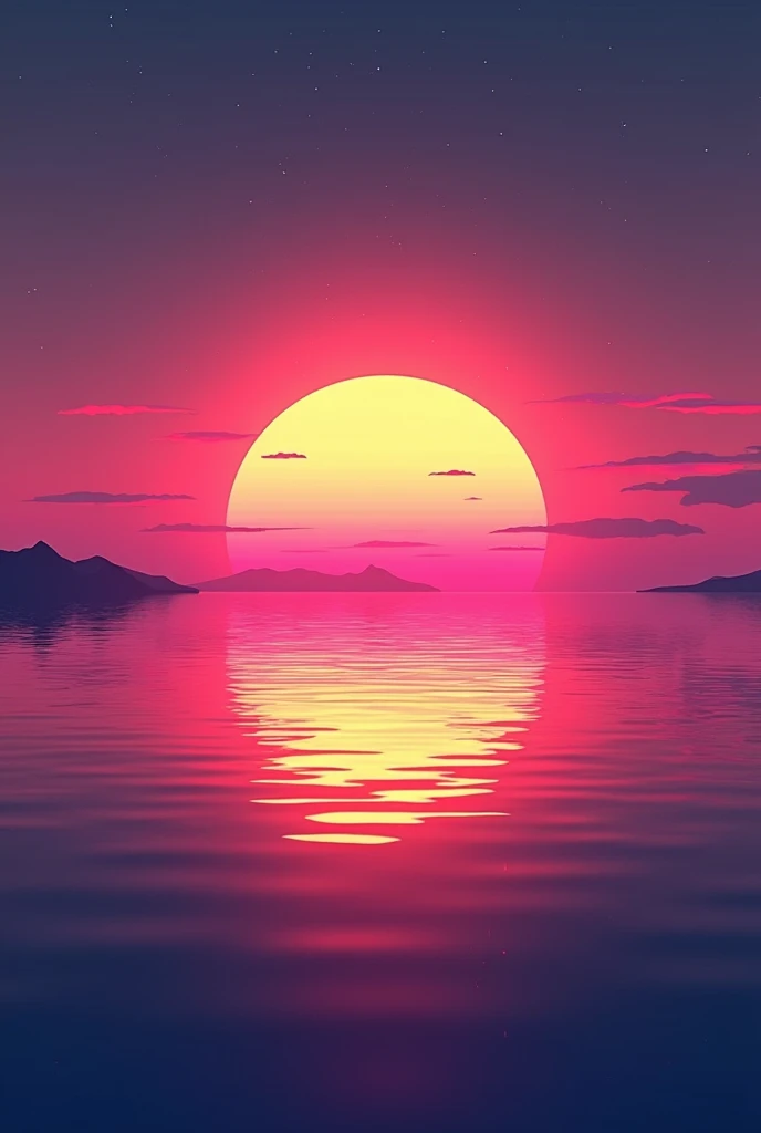 a syntwave style sunset above the reflecting water of the sea , digital art