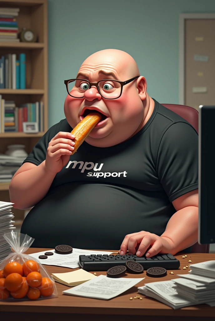 white male, 40 year old, baldie, completely smooth face, no fur, bochechas grandes, Scrawny, but very pot-bellied, wearing light glasses and eating baguette with lots of ham. Sitting behind a somewhat cluttered desk with a computer, stacks of papers, crumbs and lots of Oreo cookies. Wearing a black shirt with the following phrase: MPU SUPPORT. a bag of tangerines on the table.