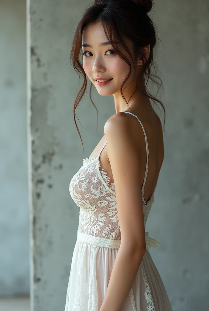 (Highest quality:1.4),(masterpiece:1.4),(Realistic:1.4),(Realistic:1.2),(超High resolution, RAW Photos:1.4),(High resolution, Very detailed:1.2),(8k:1.2),photograph,(Shot from behind:1.3)、Korean women、brown hair photos,One Woman,alone,(In underwear),Very large breasts,((Thigh to head shot:1.3))、(((topless、You can see her large breasts from the side.)))、((Toothy smile))、((Very large breasts:1.4))、Realistic skin textures、Slightly freckled、Slender figure、Realistic skin textures、((background,Concrete wall:1.3)),(topless,The breast is visible from the side:1.6),(Long lace slip,White)、3 woman、The angle at which the nipple is not visible、((Updo long hairstyle))、((Black,Long lace slip:1.4))、Correct toes、Detailed facial features、Long slip covers the buttocks and soles of the feet、Long slip covers your butt、