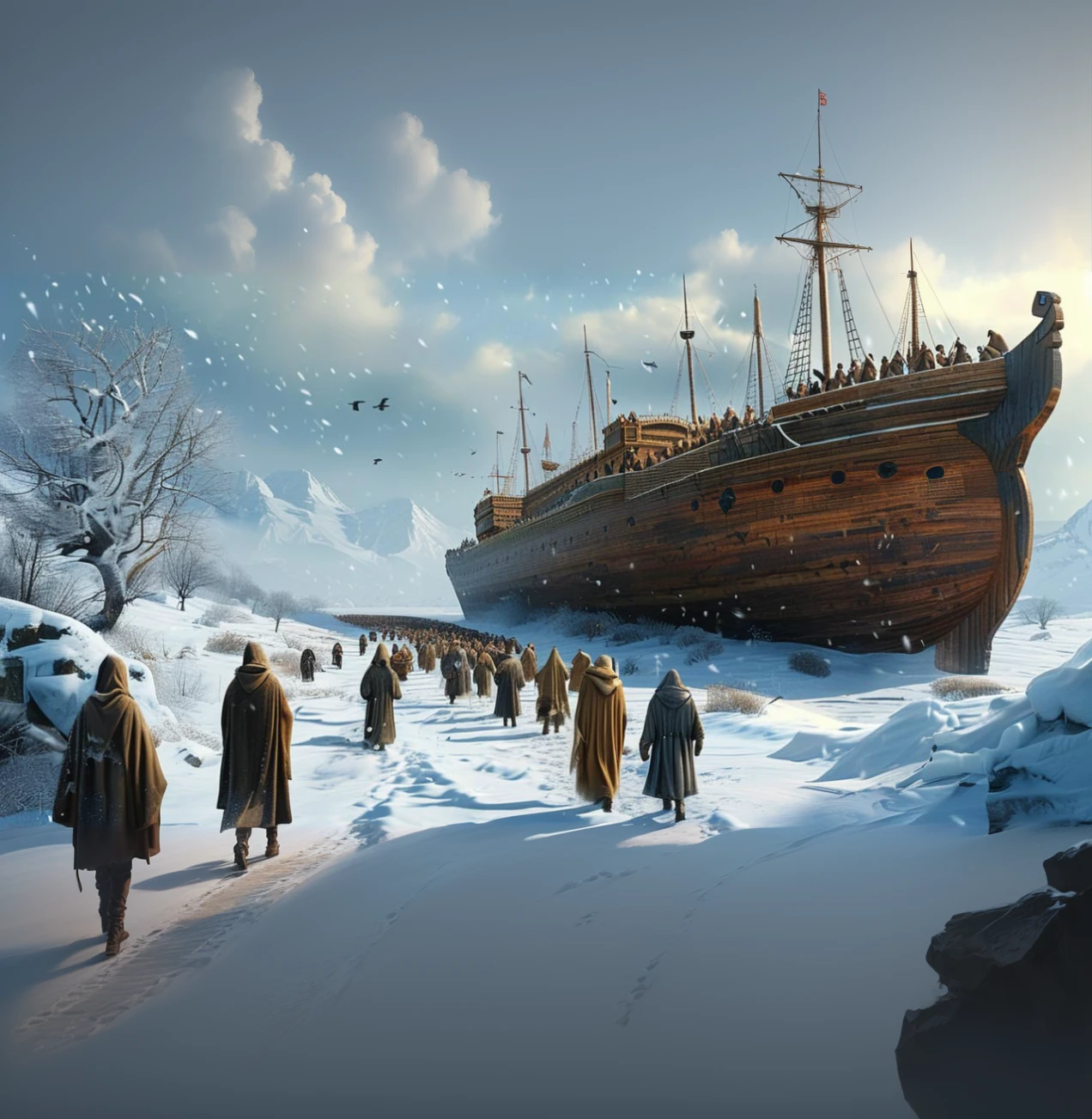 Near the ship,There are many people walking on the snow。, Inspiration from stefan koidl, author:Krzysztof Boguszewski, inspired author:Raphael Lacoste, Alex Andreev, by Jesper Essien, Alexander Kucharsky, author:Artur Tarnovsky, Epic fantasy sci-fi illustration, author:Raphael Lacoste, Fugitive businessman