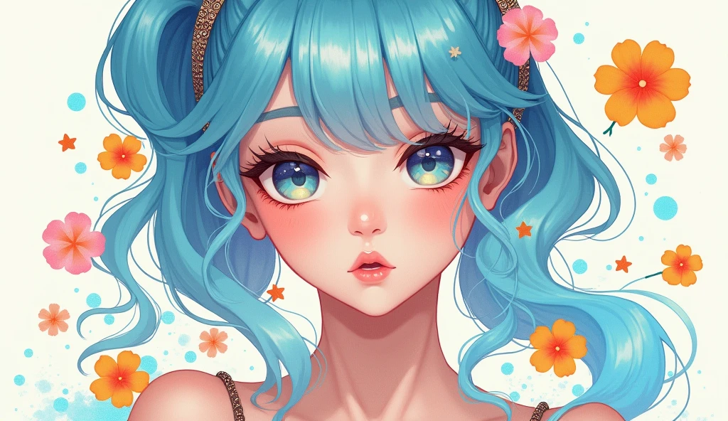 (masterpiece), (Best quality), (Ultra detailed),(wild hair),(illustration), (1 girl), (fashion clothes), standing, Model, I look at the viewer, (interview), (simple background),beautiful detailed eyes, Delicate beautiful face, floating,(high saturation),(colorful splashes),colorful bubble,(brilliant), Focus on the face, Ponytail, Kamisato Ayaka, Light blue hair, bang, hair ring, floating flowers, floating hair, (brilliant), Better lighting, best shadow,