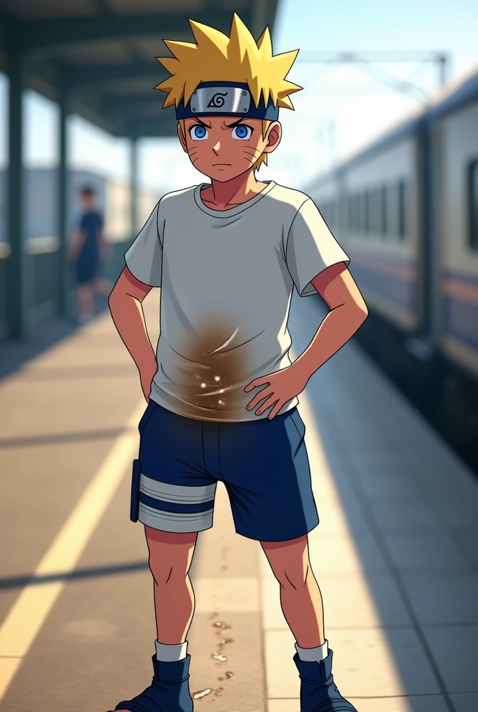 Young slender and mascular Naruto , morning train, , wearing blue short pants, white t shirt, he is peeing his pants, he couldn't hold his pee. There is a large wet spot on his pants, pee stain on his pants. his pee is leaking down from his pants. There is a pee puddle at his feet. He looks embarrassed. He is ashamed of peeing himself.