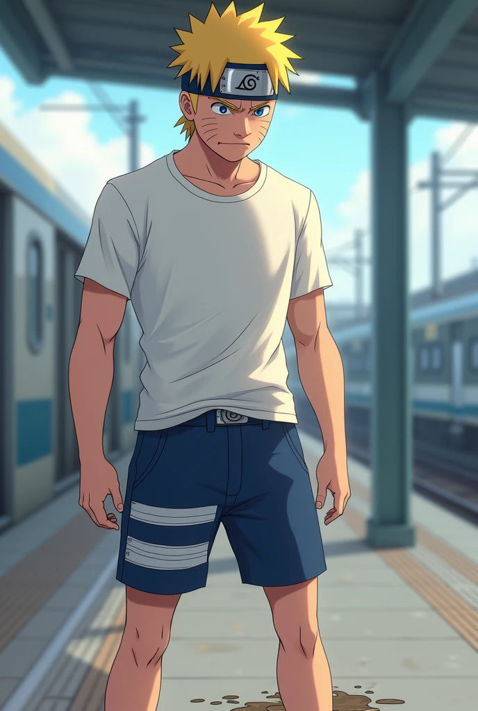 Young slender and mascular Naruto , morning train, , wearing blue short pants, white t shirt, he is peeing his pants, he couldn't hold his pee. There is a large wet spot on his pants, pee stain on his pants. his pee is leaking down from his pants. There is a pee puddle at his feet. He looks embarrassed. He is ashamed of peeing himself.