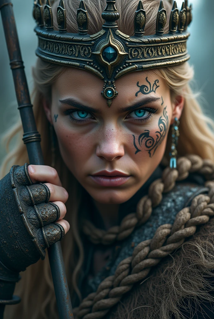 Nordic warrior close-up, beautiful axe in hand, Woman, blue eye, axe next to the face, large crown on head , stick ropes around your neck, tribal tattoo on face, Angry