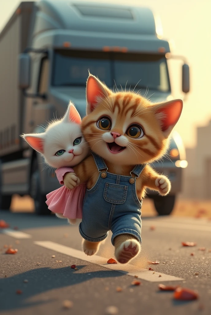 A small brown boy cat in blue jeans wanted to save a small white girl cat in pink frock from the big truck on the road he picked up the girl cat
