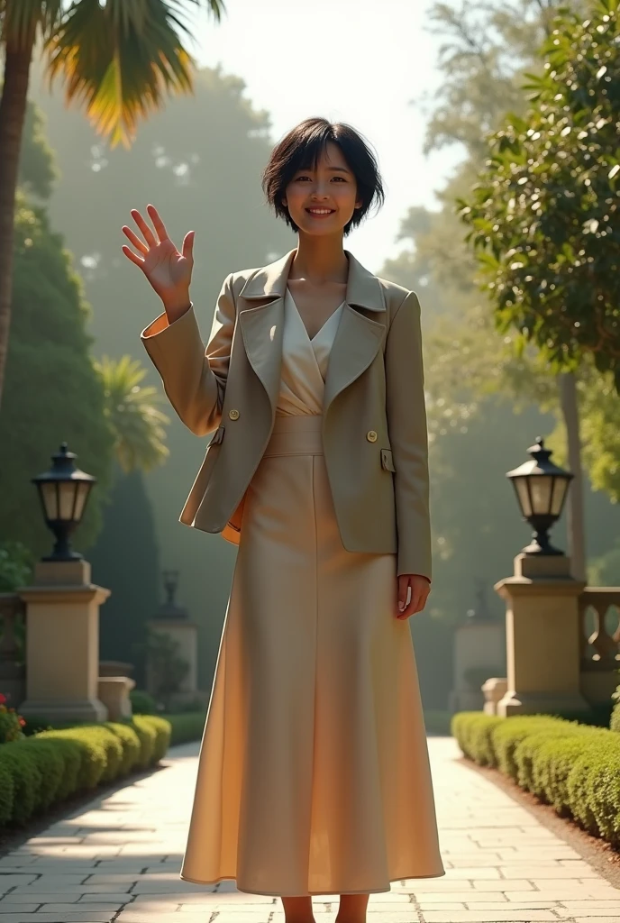 a young woman shorty black messy haircut, wear outfit jacket with shawl neck, long skirt dress clothes, wear high shoes, standing while raise right hand up to audience on sides him natural, sweetly smile, happiness, actress movie hollywood, lighting pole lamps, real hyper realistic, real human japanese, UHD 8k, detailed photo, perfect face, detailed places, landscape, full body, photo was taken from a distance on outdoor the giant mansion his house