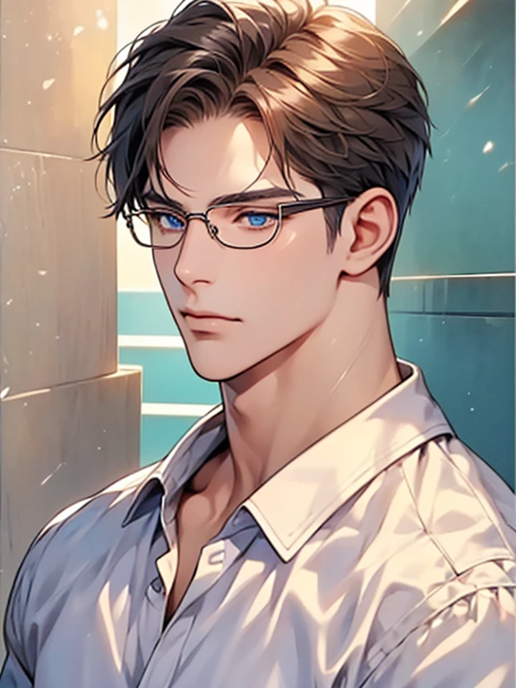 masterpiece, best quality, 1male, brunette hair, blue eyes, glasses, white shirt, mugshot, wall background, detailed eyes, detailed facial features, realistic and high resolution (best quality, 4k, 8k, highres, masterpiece:1.2)